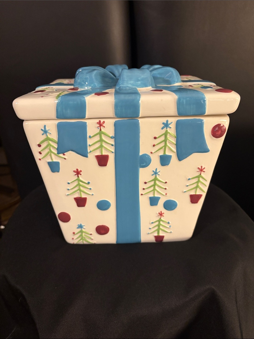 Ceramic Holiday Gift Box Decoration with Blue Ribbon